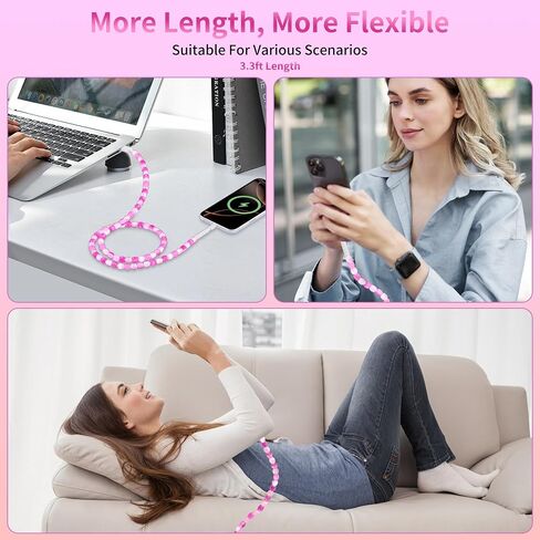 SAMONPOW for iPhone Charger Cord 66W Fast Charging Cable 3.3FT Cute Jade Beaded USB to ISO Charging Cord for Women Girls Phone Charger Cord for iPhone 14 13 12 11 Pro Max XR XS X 8 7 iPad, Pink in Saudi Arabia