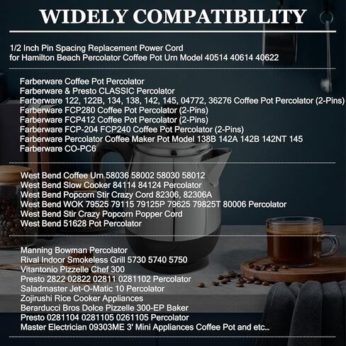 6ft Long 2 Pin 1/2 Inch Spacing Power Cord for Farberware FCP240 Coffee Pot Percolator Electric Cord - Also for Many Rice Cookers and Other Small Appliances in Saudi Arabia