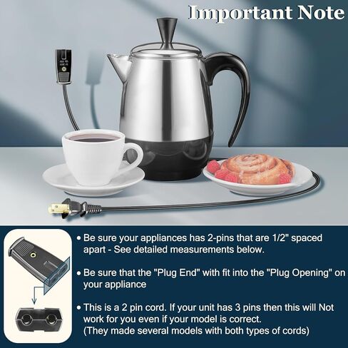 6ft Long 2 Pin 1/2 Inch Spacing Power Cord for Farberware FCP240 Coffee Pot Percolator Electric Cord - Also for Many Rice Cookers and Other Small Appliances in Saudi Arabia
