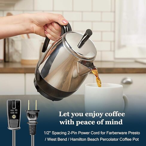 6ft Long 2 Pin 1/2 Inch Spacing Power Cord for Farberware FCP240 Coffee Pot Percolator Electric Cord - Also for Many Rice Cookers and Other Small Appliances in Saudi Arabia