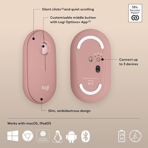 Logitech Pebble Mouse 2 M350S Slim Bluetooth Wireless Mouse ، محمولة ، خفيفة الوزن ، زر قابلة للتخصيص ، نقرات هادئة ، تبديل سهلة لنظام التشغيل Windows و MacOS و iPados و Android و Chrome OS - أسود (متجدد) in Saudi Arabia