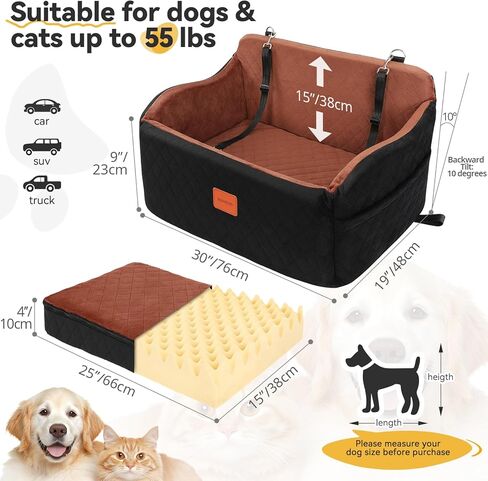 مقعد سيارة للكلاب المتوسطة والكبيرة، مقعد معزز للحيوانات الأليفة من الإسفنج الذكي لأقل من 55 رطلاً أو كلبين صغيرين، سرير سيارة للكلاب قابل للفصل والغسل للمقعد الخلفي مع مقاود وجيوب أمان (أسود، كبير) in Kuwait