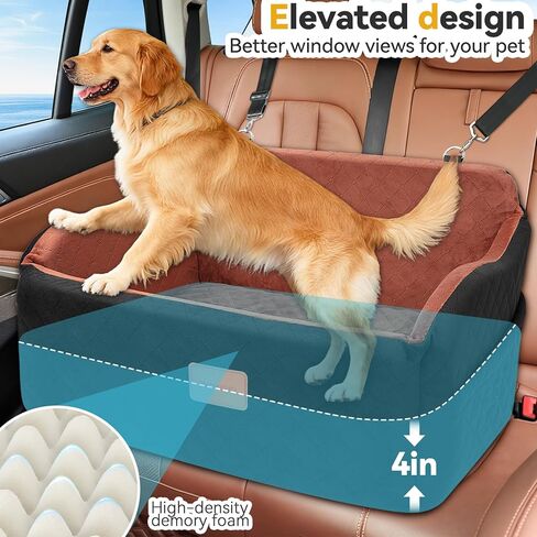 مقعد سيارة للكلاب المتوسطة والكبيرة، مقعد معزز للحيوانات الأليفة من الإسفنج الذكي لأقل من 55 رطلاً أو كلبين صغيرين، سرير سيارة للكلاب قابل للفصل والغسل للمقعد الخلفي مع مقاود وجيوب أمان (أسود، كبير) in Kuwait