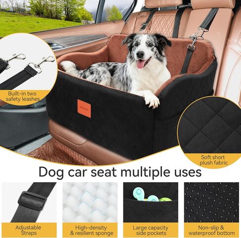 مقعد سيارة للكلاب المتوسطة والكبيرة، مقعد معزز للحيوانات الأليفة من الإسفنج الذكي لأقل من 55 رطلاً أو كلبين صغيرين، سرير سيارة للكلاب قابل للفصل والغسل للمقعد الخلفي مع مقاود وجيوب أمان (أسود، كبير) in Kuwait