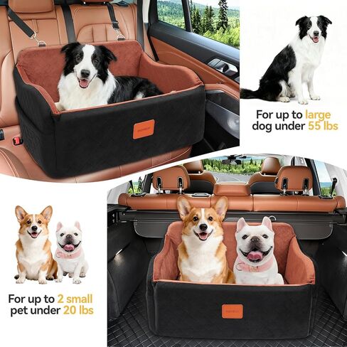 مقعد سيارة للكلاب المتوسطة والكبيرة، مقعد معزز للحيوانات الأليفة من الإسفنج الذكي لأقل من 55 رطلاً أو كلبين صغيرين، سرير سيارة للكلاب قابل للفصل والغسل للمقعد الخلفي مع مقاود وجيوب أمان (أسود، كبير) in Kuwait