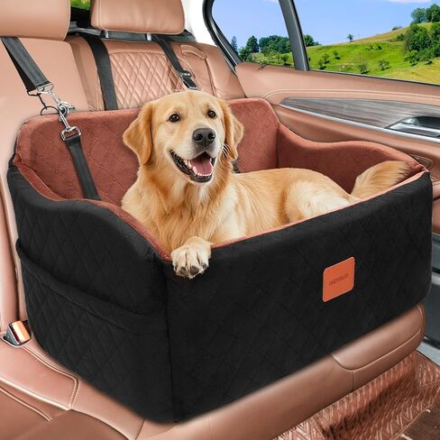 مقعد سيارة للكلاب المتوسطة والكبيرة، مقعد معزز للحيوانات الأليفة من الإسفنج الذكي لأقل من 55 رطلاً أو كلبين صغيرين، سرير سيارة للكلاب قابل للفصل والغسل للمقعد الخلفي مع مقاود وجيوب أمان (أسود، كبير) in Kuwait