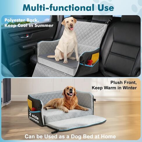 Large Dog Car Seat, Dog Car Bed for Large Dogs Under 60 lbs or 2 Small Breeds, Comfortable Pet Booster Seat with Memory Foam Thick Cushion, Detachable & Washable Pet Bed for Backseat, Black+Grey in Kuwait