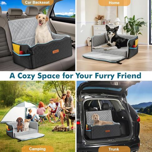 Large Dog Car Seat, Dog Car Bed for Large Dogs Under 60 lbs or 2 Small Breeds, Comfortable Pet Booster Seat with Memory Foam Thick Cushion, Detachable & Washable Pet Bed for Backseat, Black+Grey in Kuwait