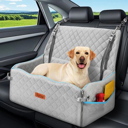 Large Dog Car Seat, Dog Car Bed for Large Dogs Under 60 lbs or 2 Small Breeds, Comfortable Pet Booster Seat with Memory Foam Thick Cushion, Detachable & Washable Pet Bed for Backseat, Black+Grey in Kuwait
