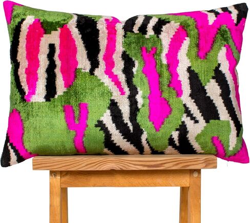 Green Pink Ikat Velvet Cushion Cover Bold Abstract Decorative Pillow in Saudi Arabia