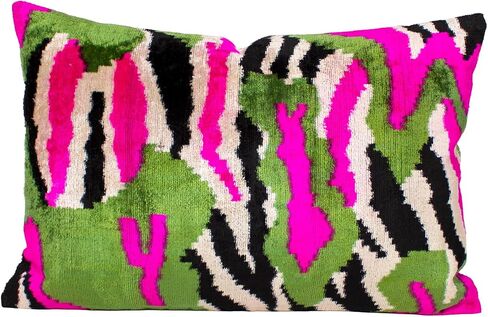 Green Pink Ikat Velvet Cushion Cover Bold Abstract Decorative Pillow in Saudi Arabia