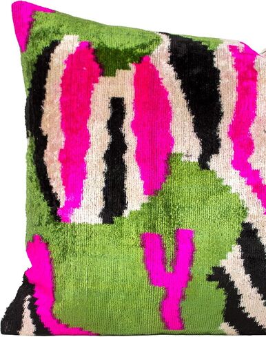 Green Pink Ikat Velvet Cushion Cover Bold Abstract Decorative Pillow in Saudi Arabia