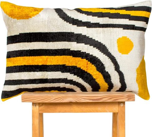 Yellow Black Ikat Velvet Pillow Cover Modern Geometric Decorative Cushion in Saudi Arabia
