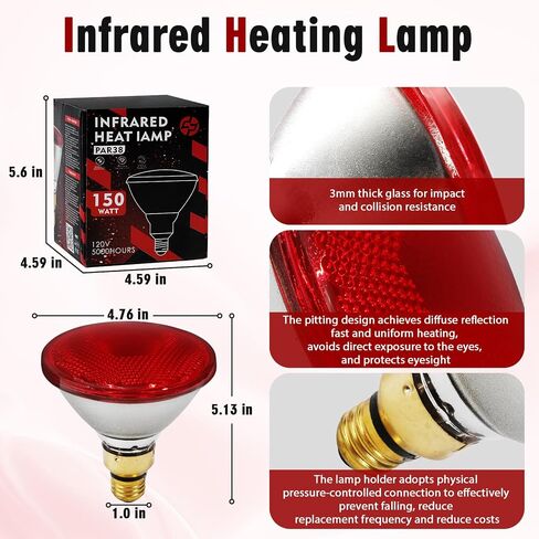 Upgraded 175W PAR38 Heat Lamp for Chickens & Reptiles - E26 Brooder Heat Lamp, The heat conversion efficiencyreaches over 90%, Halogen Heat lamps for Chicks/Pets, Red Light (30-Day Warranty) 2 Pack in Saudi Arabia
