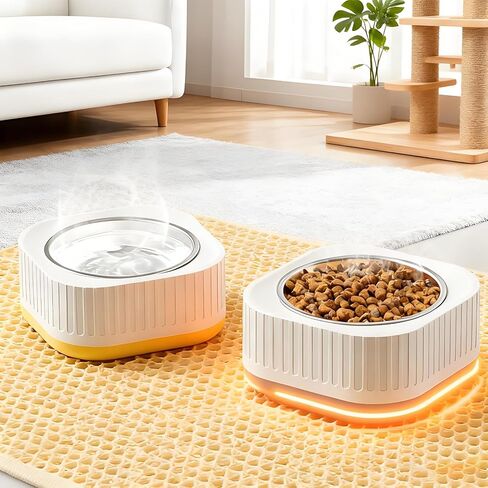 Heated Pet Bowl, 220ml Auto Thermostatic (95-104° F) Heated Water Bowl for Cats & Dogs, IP67 Waterproof Heated Dog Bowl with Anti-Chew Cord for Outdoor Winter Use (Chicken, Rabbit) (Yellow & White) in Kuwait