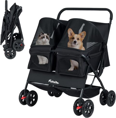 PETSITE Double Pet Stroller, Foldable Double Dog Stroller with 2-Seater Carrier, Adjustable Sunshade, Removable Pad, Safety Belt, Storage Basket, 4-Wheel Pet Travel Cart for 2 Puppies & Cats (Black) in Saudi Arabia