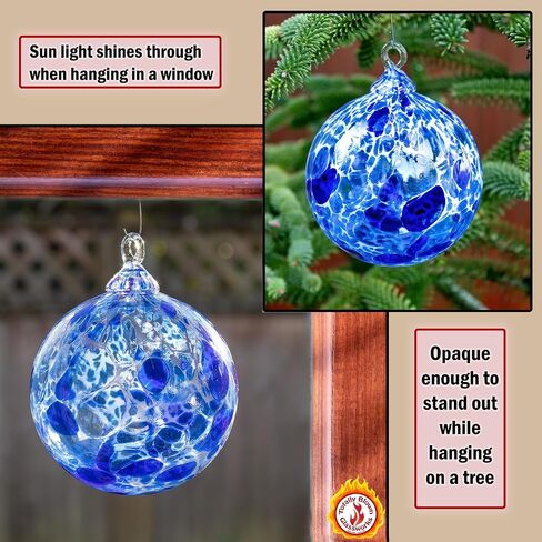 Ornament, Handmade Blown Glass, Hanging Tree Holiday Décor, Sun Catcher, Witches Ball, Gazing Orb, Friendship Keepsake, Window Color. (Blue White Powder) in Saudi Arabia
