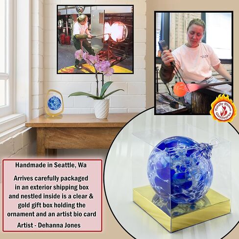 Ornament, Handmade Blown Glass, Hanging Tree Holiday Décor, Sun Catcher, Witches Ball, Gazing Orb, Friendship Keepsake, Window Color. (Blue White Powder) in Saudi Arabia
