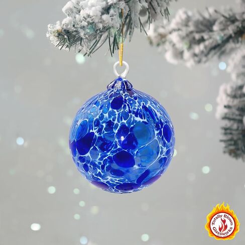 Ornament, Handmade Blown Glass, Hanging Tree Holiday Décor, Sun Catcher, Witches Ball, Gazing Orb, Friendship Keepsake, Window Color. (Blue White Powder) in Saudi Arabia