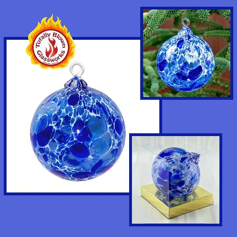 Ornament, Handmade Blown Glass, Hanging Tree Holiday Décor, Sun Catcher, Witches Ball, Gazing Orb, Friendship Keepsake, Window Color. (Blue White Powder) in Saudi Arabia
