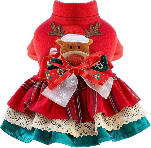 baejmjk لطيف كلب صغير عيد الميلاد اللباس عيد الميلاد الأحمر الرنة جرو الأميرة اللباس مع Bowknot الدافئة عطلة فتاة الكلب الملابس الحيوانات الأليفة القطط الزي الملابس لتشيهواهوا يوركشاير الكلاب، المالطية (X-صغير) in Kuwait