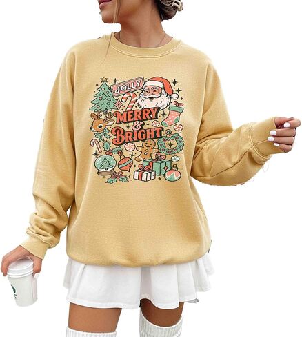 Comfort Colors, Retro Jolly Merry and Bright Christmas Sweatshirt:, Vintage Christmas Aesthetic, Women's Shırt in Saudi Arabia