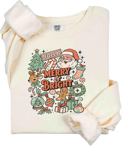 Comfort Colors, Retro Jolly Merry and Bright Christmas Sweatshirt:, Vintage Christmas Aesthetic, Women's Shırt in Saudi Arabia