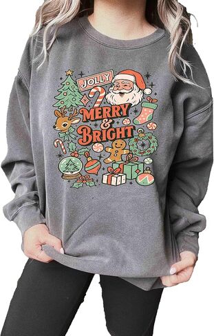 Comfort Colors, Retro Jolly Merry and Bright Christmas Sweatshirt:, Vintage Christmas Aesthetic, Women's Shırt in Saudi Arabia