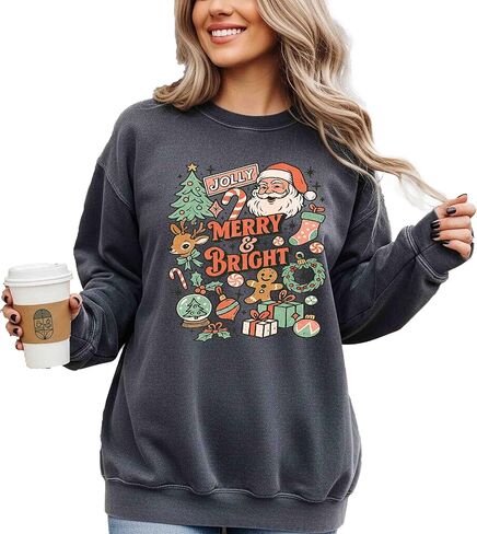 Comfort Colors, Retro Jolly Merry and Bright Christmas Sweatshirt:, Vintage Christmas Aesthetic, Women's Shırt in Saudi Arabia