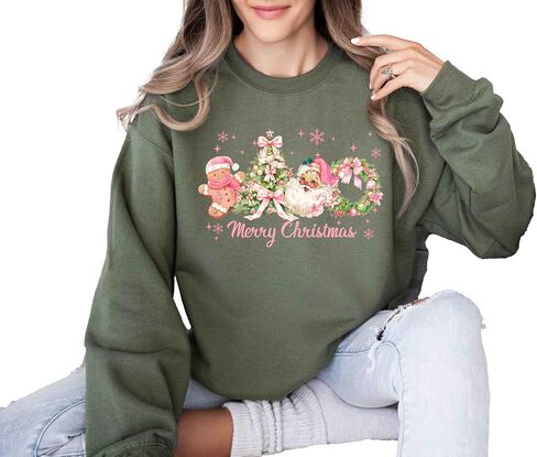 Merry Christmas Sweatshirt, Pink Santa, Gingerbread Tree in Saudi Arabia