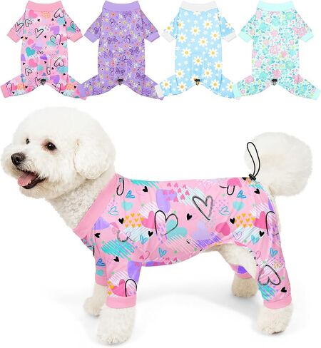 Bienbee Dog Pajamas, 4 Pack Cute Soft Dog Puppy Clothes Dogs Pjs Onesies Jammies Outfit Adjustable Breathable & Stretchy Clothes for Small Medium Large Dogs Girl Boy Puppy-M in Kuwait
