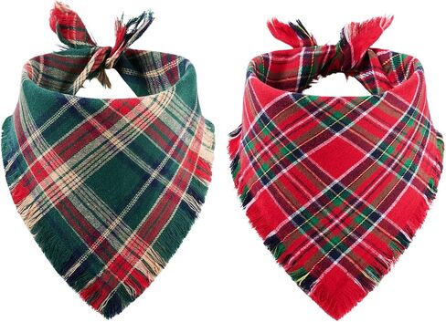 2 PCS Christmas Dog Bandanas with Tassels, Two-Sided Classic Red & Green Plaid Dog Apparel & Accessories, Trendy & Country Triangle Holiday Pet Scarf & Photo Prop for Medium, Large Dogs(Large) in Saudi Arabia