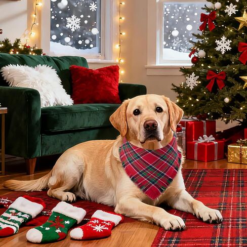 2 PCS Christmas Dog Bandanas with Tassels, Two-Sided Classic Red & Green Plaid Dog Apparel & Accessories, Trendy & Country Triangle Holiday Pet Scarf & Photo Prop for Medium, Large Dogs(Large) in Saudi Arabia