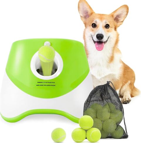 Automatic Dog Ball Launcher – 12 ETPU Balls & Bonus Collapsible Bowl, 3 Distance Settings (20ft/33ft/46ft), Smart Fetch Toy for Small & Medium Dogs, Indoor/Outdoor Use (Green) in Saudi Arabia