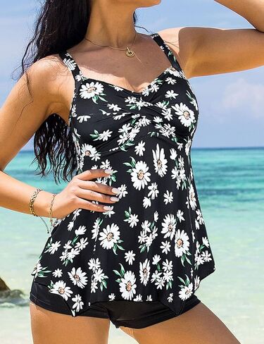 Septangle V Neck Two Piece Tankini Swimsuit Vintage Tummy Control Bathing Suit Ruched Swimwear in Kuwait