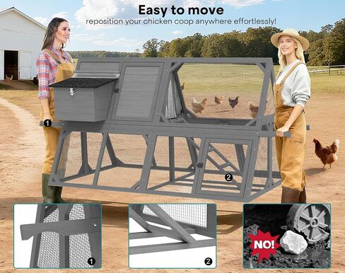 80" Chicken Coop for 2-4 Chickens with Wheels, Outdoor Wooden Hen House w/Nesting Box & Run Cage, Weatherproof for Backyard Poultry Pet Hutch, Removable Tray and Hanging Chicken Feeder in Saudi Arabia