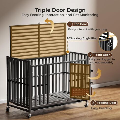 Heavy Duty Dog Crate, Escape-Proof Indestructible Cage for High-Anxiety Dogs, 3-Door Kennel with 4 Lockable Wheels and 2 Removable Trays Ideal for Large & Medium Breeds(43 Inch) in Saudi Arabia