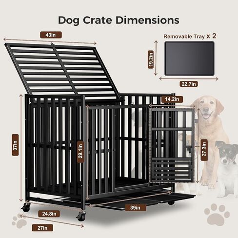 Heavy Duty Dog Crate, Escape-Proof Indestructible Cage for High-Anxiety Dogs, 3-Door Kennel with 4 Lockable Wheels and 2 Removable Trays Ideal for Large & Medium Breeds(43 Inch) in Saudi Arabia