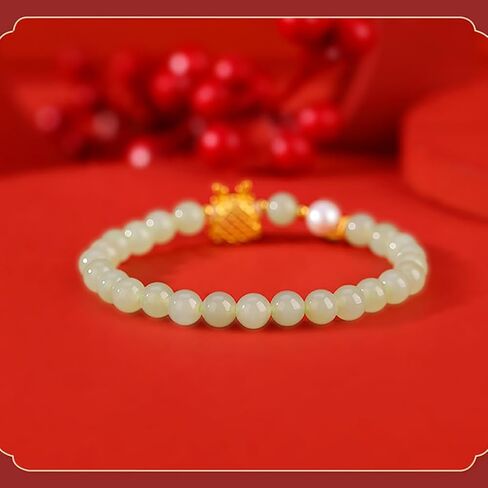 Green Natural Hetian Jade Bracelet for Women, Bead Charm Ring Bell Adjustable Bangle Alloy Lucky Chain Jewelry Gift for Her in Saudi Arabia