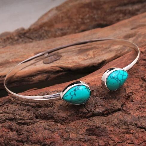 Blue Turquoise bangle, cuff bangle, 925 sterling silver bangle, Southwestern bangle, Adjustable Bangle, boho style, Unique Jewelry, Victorian Jewelry, Pear Gemstone, Bohemian Bracelet, Gift For Her in Saudi Arabia