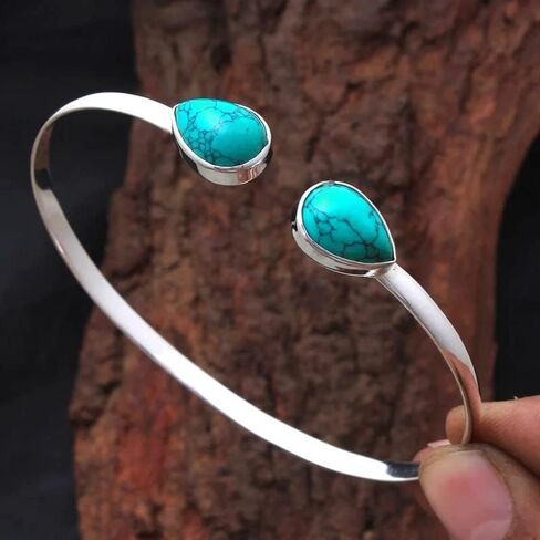 Blue Turquoise bangle, cuff bangle, 925 sterling silver bangle, Southwestern bangle, Adjustable Bangle, boho style, Unique Jewelry, Victorian Jewelry, Pear Gemstone, Bohemian Bracelet, Gift For Her in Saudi Arabia