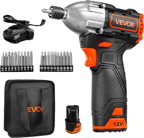 محرك تأثير لاسلكي VEVOR، عزم دوران عالي 12 فولت 7 نيوتن متر 1000 رطل، مجموعة مفك تأثير كهربائي مع ضوء LED، بطارية، شاحن، موصل مغناطيسي، لقم، وحقيبة أدوات، لتثبيت المسمار وتخفيفه in Kuwait