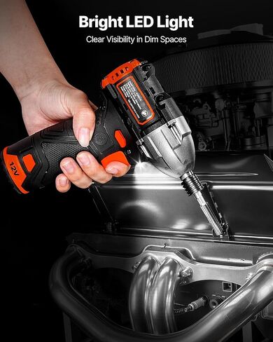 محرك تأثير لاسلكي VEVOR، عزم دوران عالي 12 فولت 7 نيوتن متر 1000 رطل، مجموعة مفك تأثير كهربائي مع ضوء LED، بطارية، شاحن، موصل مغناطيسي، لقم، وحقيبة أدوات، لتثبيت المسمار وتخفيفه in Kuwait