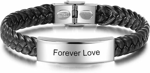 Personalized Men's Leather Bracelet - Engraved Stainless Steel Bar, Durable & Waterproof, Gift for Husband, Father, Boyfriend - Black in Saudi Arabia