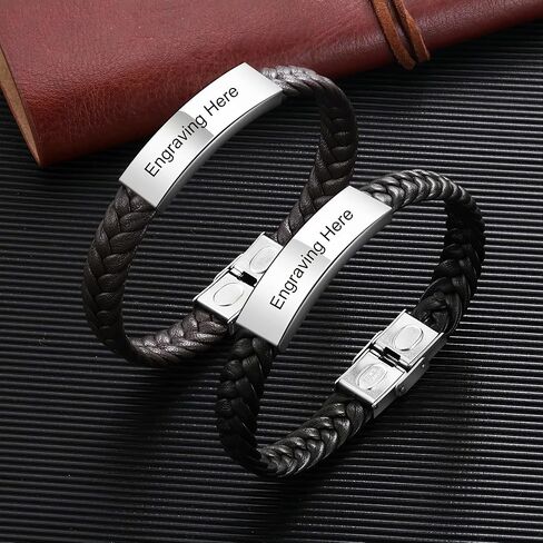 Personalized Men's Leather Bracelet - Engraved Stainless Steel Bar, Durable & Waterproof, Gift for Husband, Father, Boyfriend - Black in Saudi Arabia
