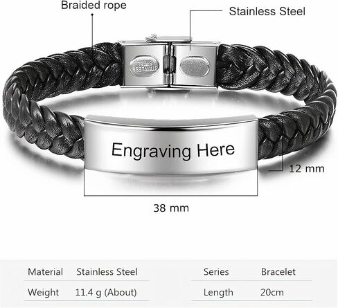 Personalized Men's Leather Bracelet - Engraved Stainless Steel Bar, Durable & Waterproof, Gift for Husband, Father, Boyfriend - Black in Saudi Arabia