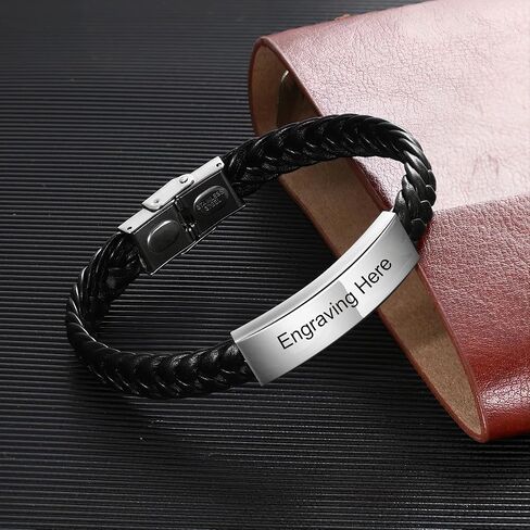 Personalized Men's Leather Bracelet - Engraved Stainless Steel Bar, Durable & Waterproof, Gift for Husband, Father, Boyfriend - Black in Saudi Arabia