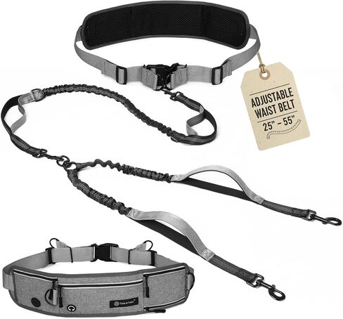 Tails & Tales Hands Free Dog Leash with Waist Pouch, Lumbar Support Upgraded, Bungee Reflective Leash, Adjustable Belt 25-55", Walking Running Hiking Training for Dogs Up to 125lbs (Black, One Dog) in Kuwait