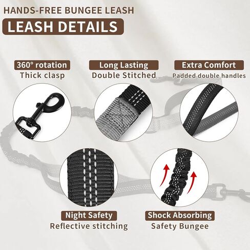 Tails & Tales Hands Free Dog Leash with Waist Pouch, Lumbar Support Upgraded, Bungee Reflective Leash, Adjustable Belt 25-55", Walking Running Hiking Training for Dogs Up to 125lbs (Black, One Dog) in Kuwait