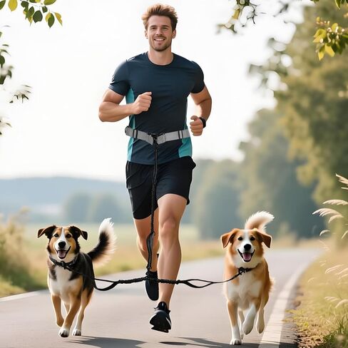Tails & Tales Hands Free Dog Leash with Waist Pouch, Lumbar Support Upgraded, Bungee Reflective Leash, Adjustable Belt 25-55", Walking Running Hiking Training for Dogs Up to 125lbs (Black, One Dog) in Kuwait